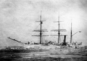 Black and white historic photo of a ship.