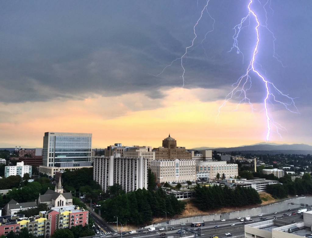 lightning striking over Seattle