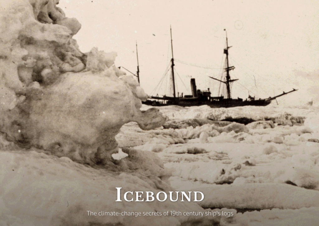Historic picture of ship surrounded by sea ice.