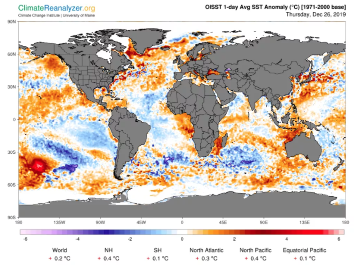 Climate map with warm water approaching South America