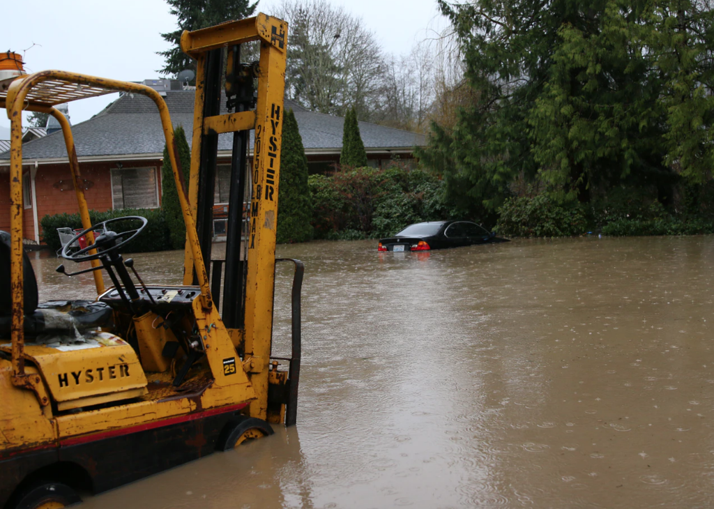 Forklift and car in deep water