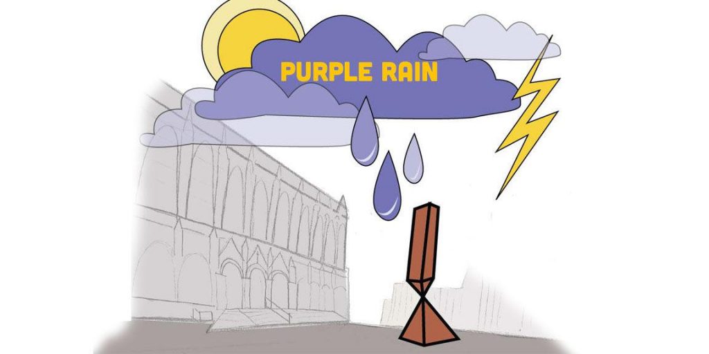 drawing of purple cloud raining on Red Square at UW