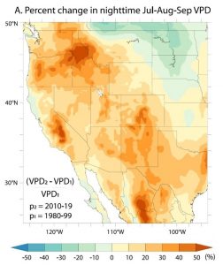 A figure showing percent change in nightime vapor pressure deficits.
