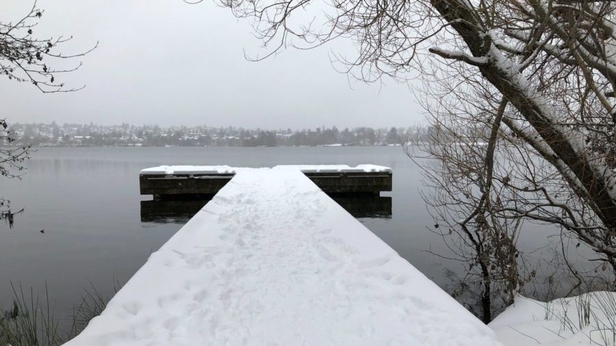 snow covered dock on still lake
