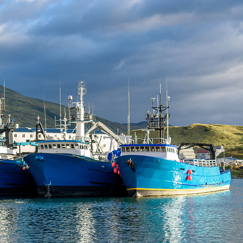 Blue fishing boats in Dutch Harbor, AK