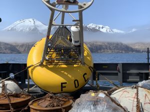 A buoy aboard the deck of a ship, with mountains in the far background.