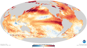 A heat map of the globe, showing large swathes of warm areas in red.
