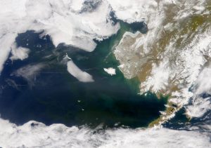 Satellite image of Alaska and the North Pacific Ocean.