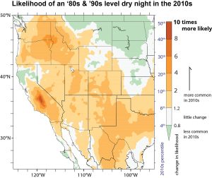 A map of the western United States, from Texas to Washington, with wide swaths of orange and red areas indicating an increase in the likelihood of fire danger at night.