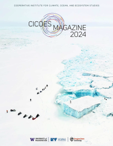 Cover of the 2024 CICOES Magazine. A crowd on snow mobiles looks at a large ice berg stuck in sea ice.