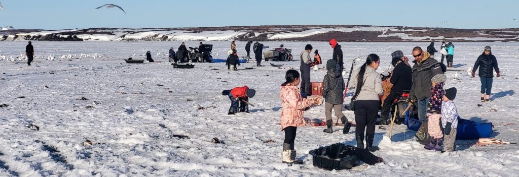 People of all ages gather on a frozen lake.