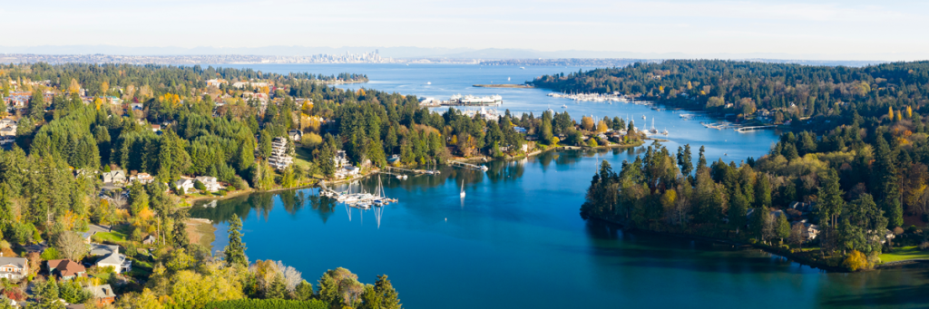 An aerial view of the Puget Sound and Bainbridge Island.