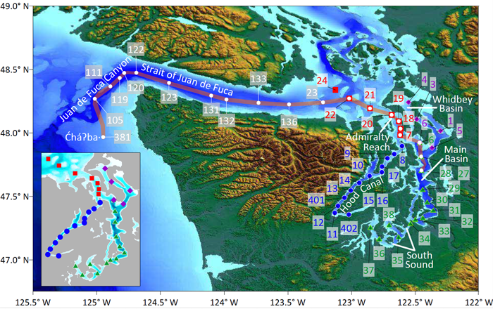 A map showing locations around the Salish Sea where chemical data were manually collected. About three dozen locations are noted.