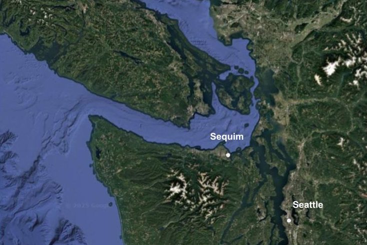 A satellite image of Washington, with pinpoints for Seattle and Sequim.