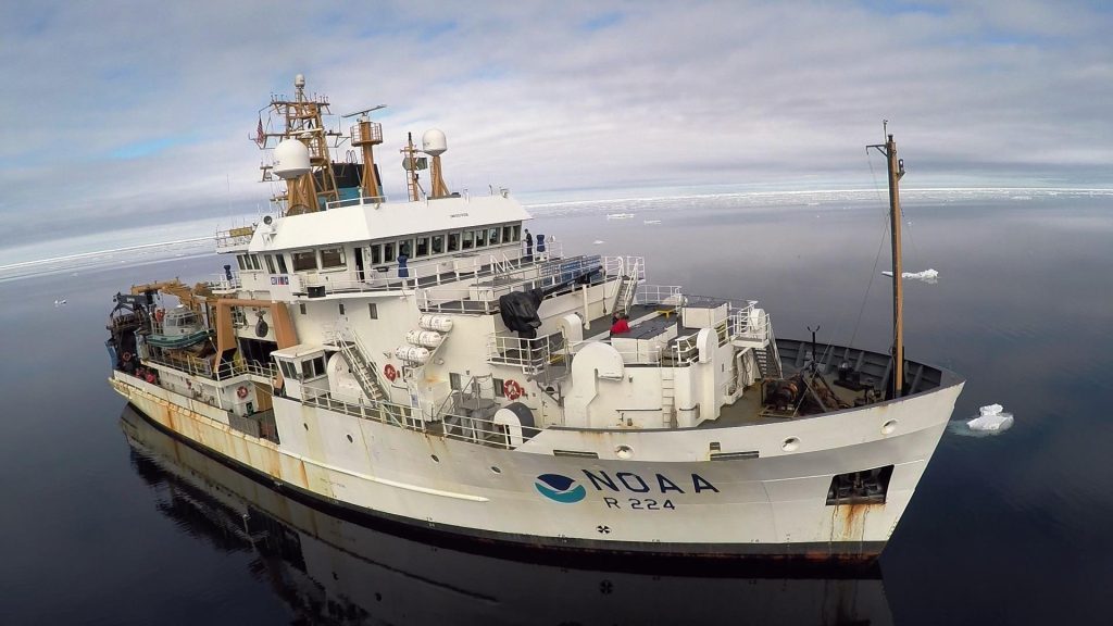 Aerial shot of a large research vessel.