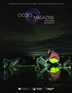 Cover of the 2025 CICOES Magazine. A researcher works at an oyster farm in the middle of the night. 