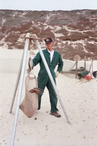 A man in a green jump suit uses a hanging scale to measure a sea lion pup. 