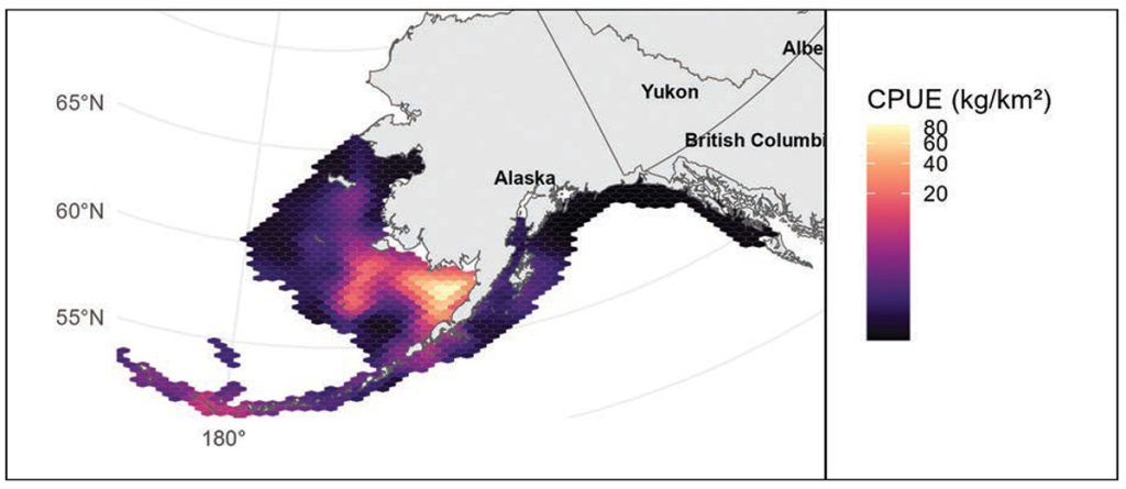 In this figure, colored pixels in the Pacific Ocean near Alaska represent the density of a certain fish species. They are densest in Western Alaska.