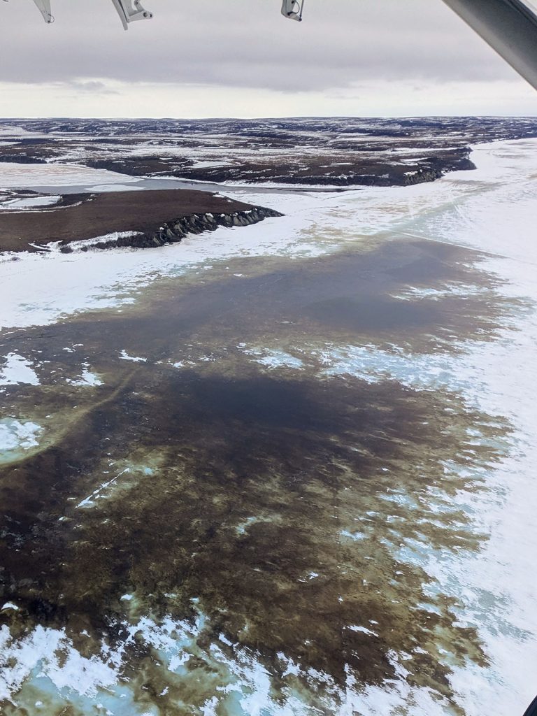 From the sky, the ice looks dark brown in spots.