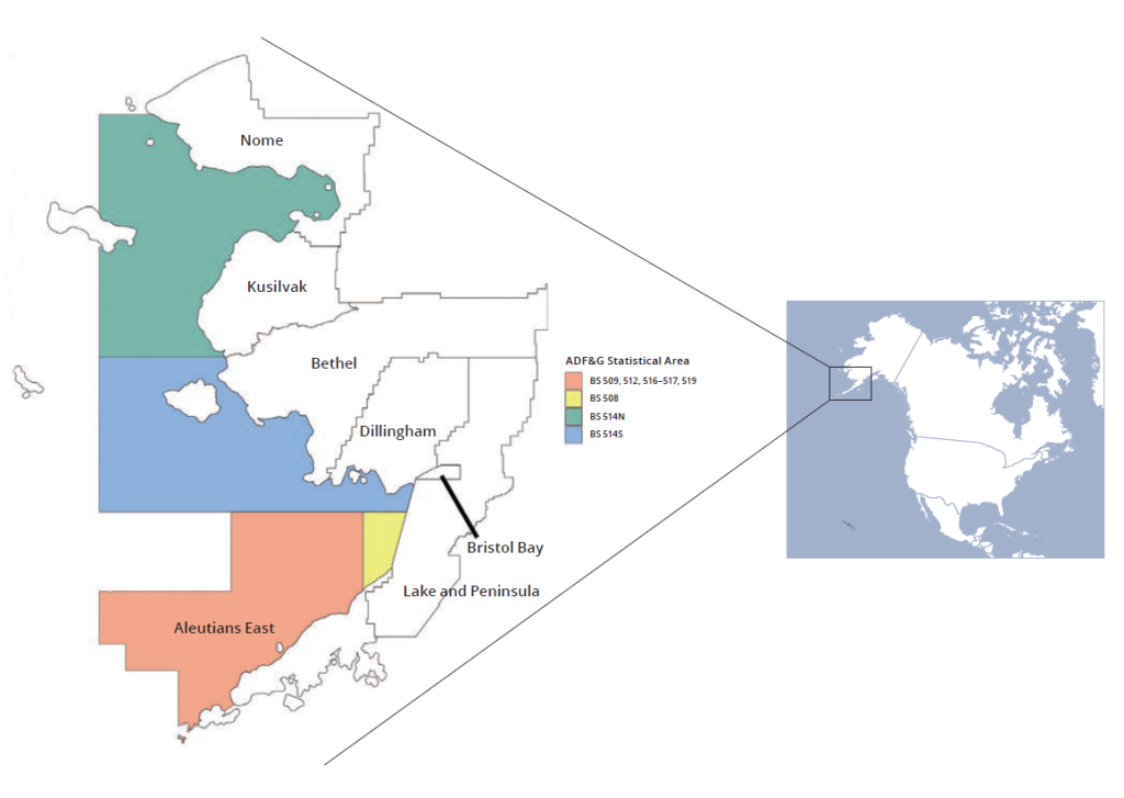 A map of western Alaska, showing four regions off the coast outlining different groundfish regions. 