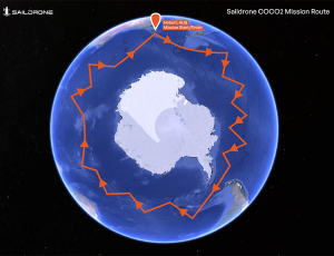 A 3D illustration of the globe centered on Antarctica, with a zigzagging route circumnavigating the frozen continent.